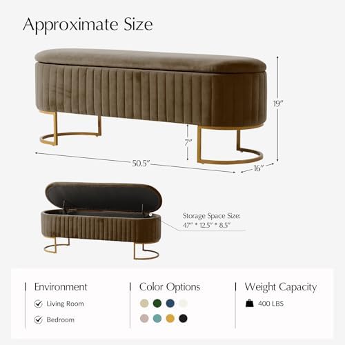 EcoHarbor Living 50.5" Bedroom Velvet Storage Bench,Upholstered End of Bed Bench with Gold Legs,Entryway Footrest Seat