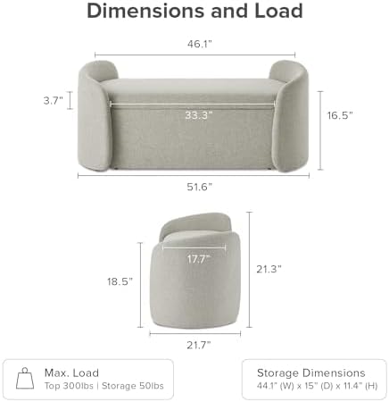 mopio Sophie 51" Ottoman Storage Bench, Entryway and Window Seating, End of Bed Curved Stool for King & Queen Bed, Storage Chest for Bedroom (Light Gray Fabric)
