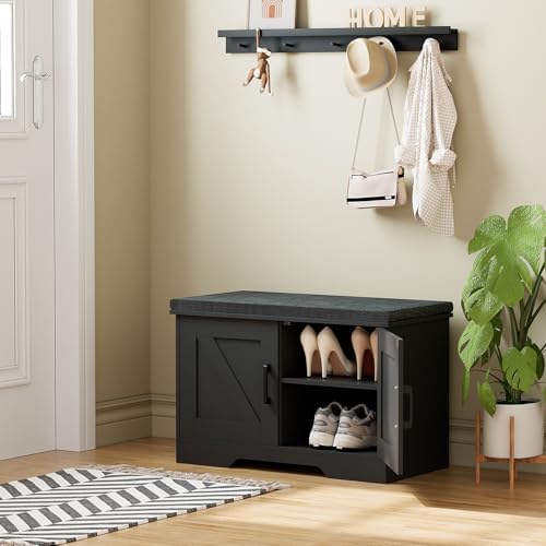 HOMSHO Farmhouse Shoe Storage Bench with 2 Barn Doors & Padded Seat Cushion