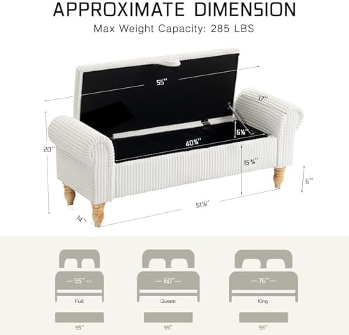 55" Entryway Bench with Storage for Queen Bed, White corduroy Ottoman