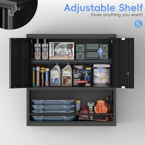 Metal Garage Cabinets, Lockable Storage Cabinet, Metal Cabinet with Open Storage, Upper Tool Cabinet for Basement, Wall Mounted Cabinets for Shop