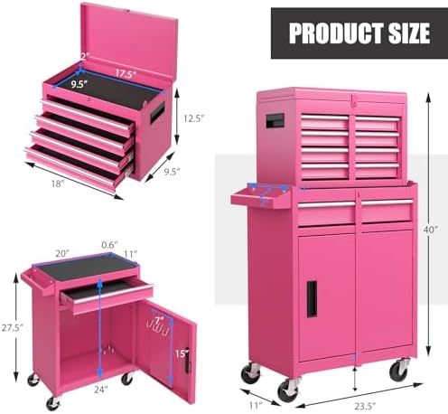 Rolling Tool Chest, 5-Drawer Tool Storage Cabinet with Wheels, Adjustable Shelf & Anti-Slip Liner, Tool Box Organizer for Garage, Warehouse & Workshop (Pink)
