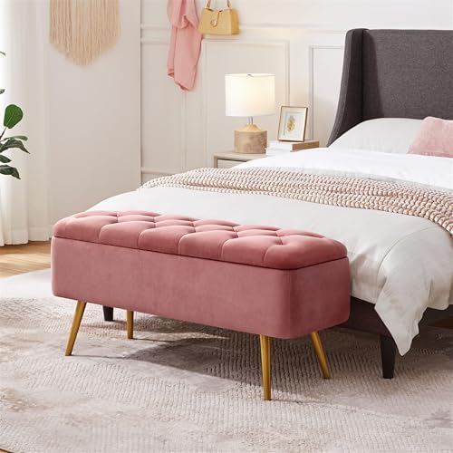 Yaheetech Storage Ottoman Bench for Bedroom, Velvet End of Bed Bench, Pink