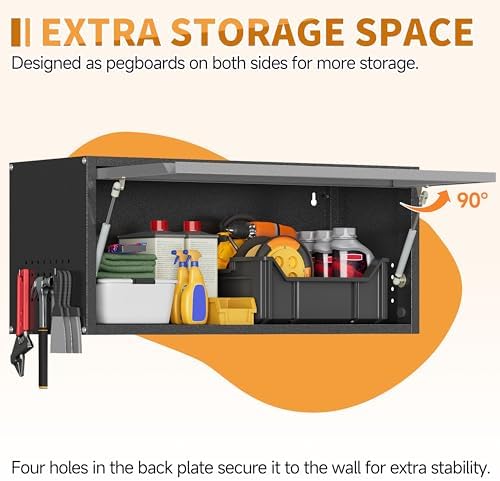 Metal Garage Wall Cabinet with Up-Flip Door,Wall-Mounted Steel Storage Cabinet, Float Tool Cabinet with Pegboard,Upper Cabinet for Kitchen,Garage,Workshop,Warehouse(13.8" H,Black&Gray)