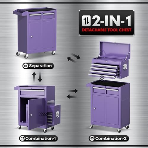 5-Drawer Rolling Tool Chest - Heavy-Duty Steel Tool Cabinet with Detachable Top Box, Locking Wheels & Security System for Garage/Workshop, 2-in-1 Design (Purple)