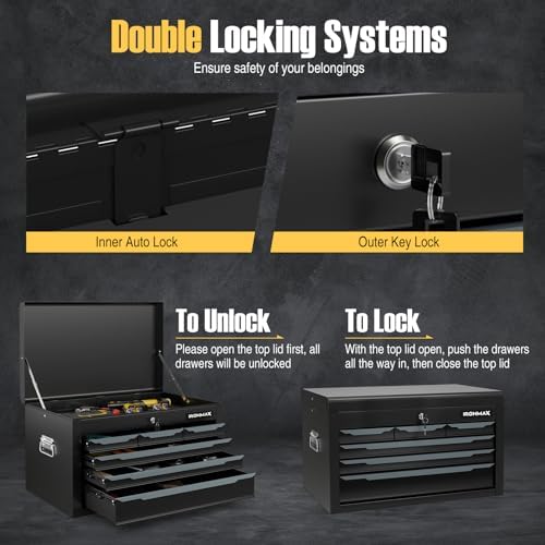 Tool Box, 6-Drawer Steel Tool Chest with Top Storage Automatic Lock & EVA Liner, Portable Tool Storage Organizer for Repair Shop Garage Warehouse (Black)