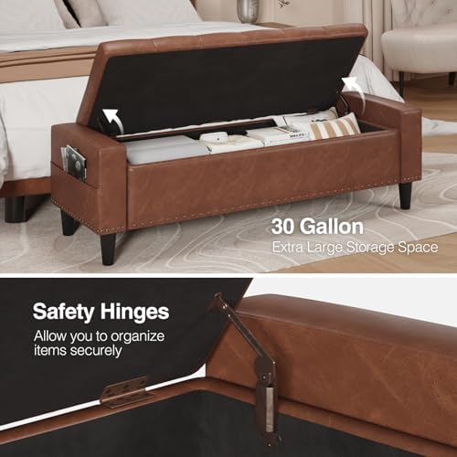60" Storage Ottoman Bench, Faux Leather Upholstered Bed Bench, Brown