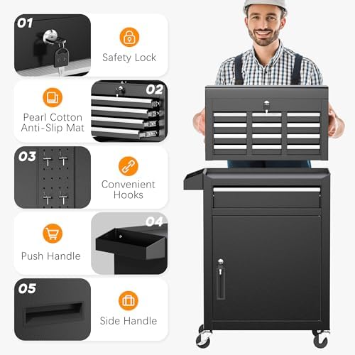 INTERGREAT Rolling Tool Chest with Wheels and 5 Drawers, Detachable Tool Cabinet with Lock for Garage, Locking Mechanic Tool Cart with Black Liner for Warehouse, Workshop, High Capacity