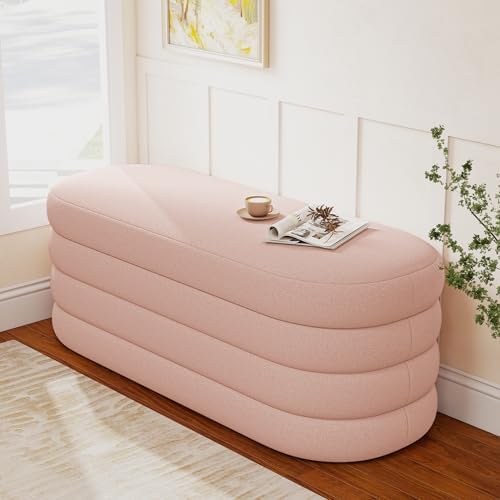 Busaurus Storage Ottoman Bench Upholstered Fabric Storage Bench for Bedroom End of Bed Aesthetic Large Oval Ottoman for Living Room Entryway (Pink)