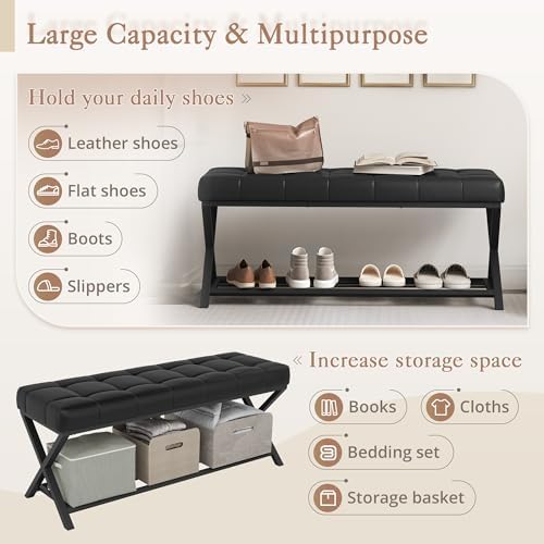 LUE BONA 44.5” End of Bed Bench with Shelf, Linen Tufted Upholstered Storage Shoe Bench, Modern Bedroom Bench with Metal Legs for Living Room, Entryway, Dining Room, 300 LB, Black