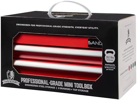 Mini Tool Box - Metal Tool Chest with 2 Drawers & PVC Drawer Liners - Red