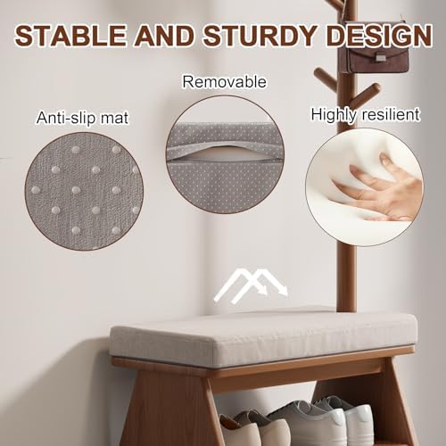 Coat Rack with Shoe Storage, Shoe Rack with 8 Hook, Walnut