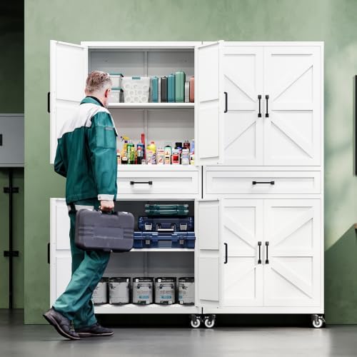 Letaya Metal Garage Storage Cabinets with Wheels,White Rolling Tool Cabinet