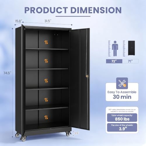 Metal Garage Storage Cabinet with Locking Doors and Adjustable Shelves, Wide & Deep Garage Cabinet on Wheels, 74.5" Rolling Tool Cabinet for Garage, Basement, Home Office