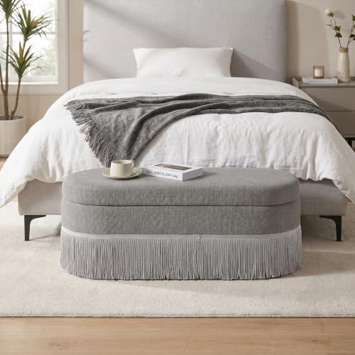 39.4“Storage Ottoman Bench with Tassels, Oval End of Bed Bench for Bedroom