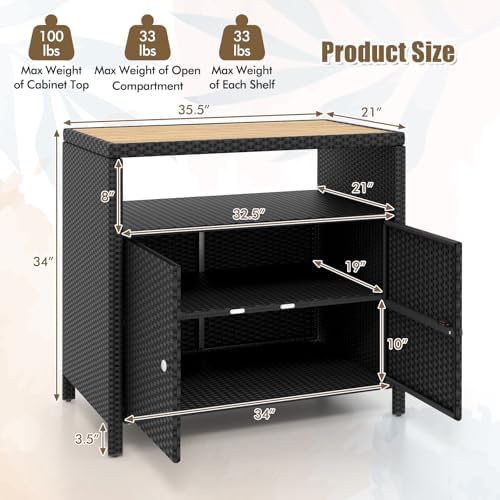 Rattan Storage Cabinet, Outdoor & Indoor Sideboards with Acacia Wood Countertop & Open Compartment, Wicker Patio Buffet Storage Bar Table for Garden Kitchen Poolside Backyard (Black)