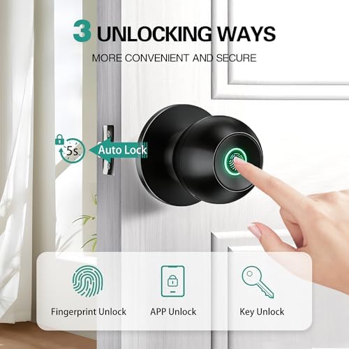 Smart Door Knob, Fingerprint Door Knob, Biometric Smart Door Lock with App Control, Metal Alloy Door Knobs, Easy Installation, Great for Bedrooms, Cloakroom, Apartments Offices, Hotel(Black)