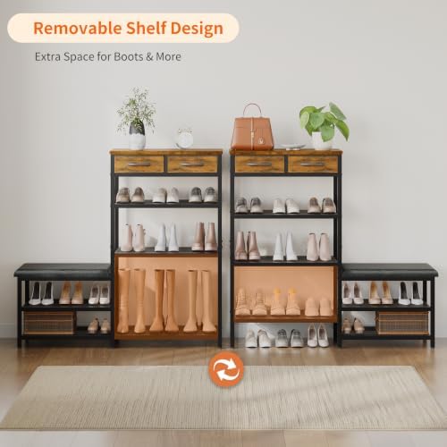Shoe Rack Bench Shoe Rack for Entryway, Cushioned Entryway Shoe Storage with 2 Drawers & 5-Tier Organizer, Metal Frame Wood Top Narrow Space-Saving Hallway Organizer for Closet & Front Door