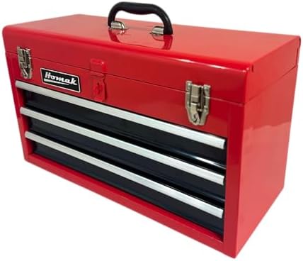Homak Metal Tool Box, 20-inch, Portable Tool Box with 3 Drawers, Small Tool Chest with EVA Liners, Ball Bearing Slide Drawers Locking & Gloss Finish, Multi-Function Tool Organizer