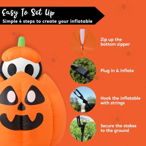Joiedomi 5FT Halloween Animated Inflatables Outdoor Decorations, Inflatable Skeleton On Pumpkin with LEDs, Cute Blow Up Pumpkin Skeleton Decor for Outside Yard Indoor Lawn Garden Party Decoration