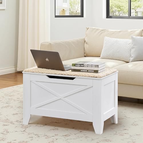 VECELO 30" Storage Bench, Farmhouse Entryway Shoe Ottoman, White
