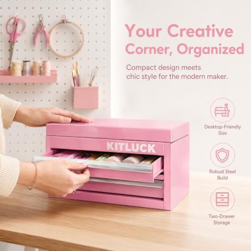 KITLUCK Mini Metal Tool Box, 2-Drawer Top Chest with Ball Bearing Slides, PVC Liners, Durable Cold Rolled Steel Small Tool Organizer for DIY Home Office Multi-Purpose Storage,Pink