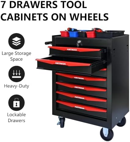 Heavy Duty 7-Drawer Rolling Tool Chest, Key Lock Tool Storage Cabinet with Lockable Casters & Drawer Liners, Mobile Tool Organizer Cart for Garage Workshop Warehouse Repair Shop (Black)
