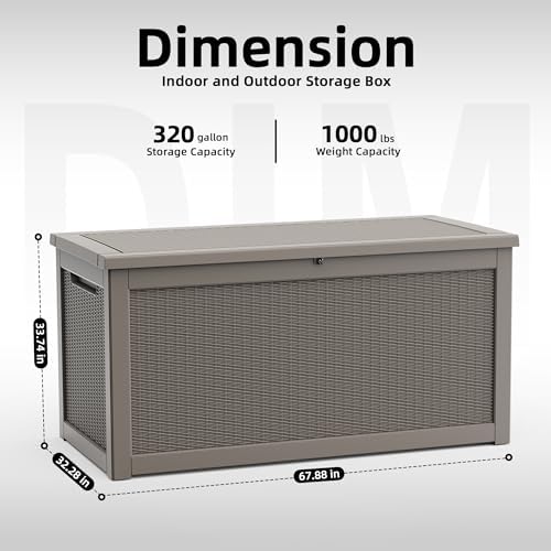 ROJIK 320 Gallon Waterproof Outdoor Deck Storage Box, Lockable Resin Patio Storage Bin with Lid for Garden Tools, Patio Cushions & Outdoor Accessories(Grey)