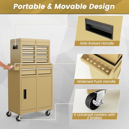 DREAMADE 5-Drawer Tool Chest Combo, Rolling Tool Cabinet w/Detachable Top Tool Box, Adjustable Shelves, Lockable Wheels, Metal Tool Box for Garage, Workshop, Repair Shop Storage (Yellow)