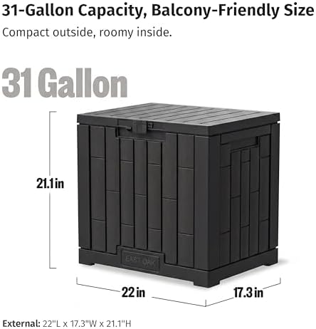 EAST OAK 31 Gallon Outdoor Storage Box, Waterproof Deck UV-Resistant Resin Bin for Patio Cushions, Garden Tools, Accessories & Package, Lockable Wind-Resistant Lid, Steel-Reinforced, Black