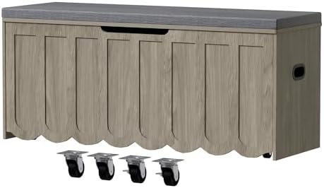 DHZ 47.2 Inch Wooden Storage Bench, Storage Chest with Cushion Seat, 4 Swivel Wheels and 2 Safety Hinges, Entryway Storage Bench for Living Room, Bedroom