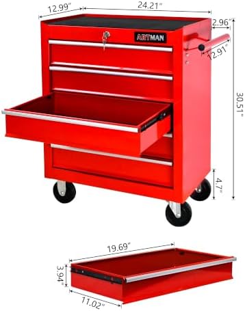 5 Drawers Rolling Tool Chest on Wheels, Multifunctional Tool Cart Tool Storage, Drawers Rolling Tool Trolley Organizer Tool Case for Garage,Warehouse,Workshop,Repair Shop (5 Drawers-Red)