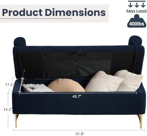 52" Storage Bench for Bedroom Upholstered End of Bed Bench Gold Leg Blue