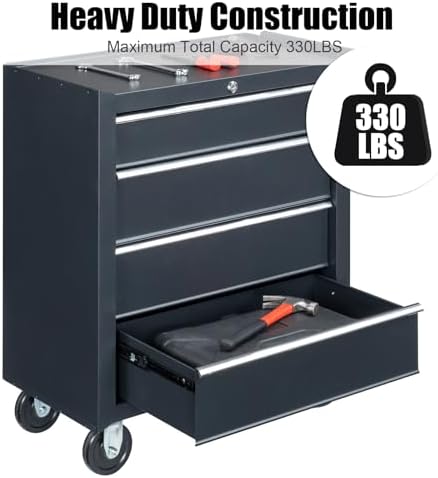 Winado 4 Drawer Rolling Tool Cabinet, Lockable Steel Tool Chest, Black