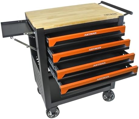 Lockable 4-Drawer Rolling Tool Chest with Wooden Top Workbench
