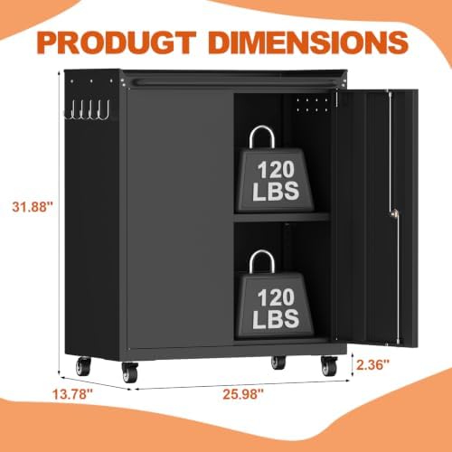 32''H Metal Storage Cabinets with Lock, Metal Garage Storage Cabinet on Wheels, Lockable Rolling Tool Chest Cabinet with Doors & Adjustable Shelves for Garage, Home, Office, Assembly Required