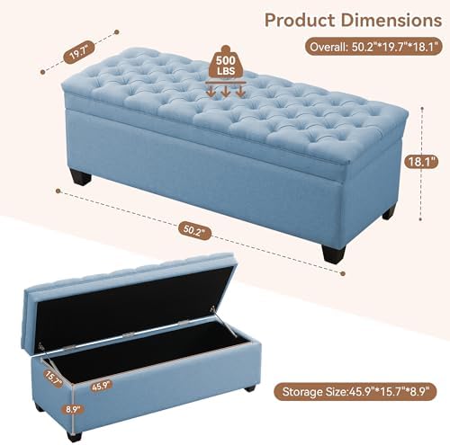 WUTUTUEE 50" Fabric Storage Ottoman Bench, Upholstered Rectangle End of Bed Storage Ottoman Tufted Living Room Bedroom Bench with Safety Hinge, Solid Wood Legs, Loads 500 lb(Light Blue)