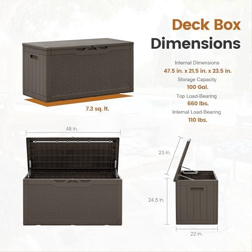 Greesum 100 Gallon Resin Patio Storage Box for Garden Tools, Dark Brown