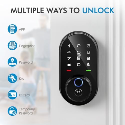 Smart Deadbolt Lock with 2 Lever Handles, 5-in-1 Control by Fingerprint/Password/APP/E-Key/Key, 24-Hours Active Wi-Fi, 12 Months Battery Life, Easy Installation (T6)