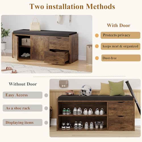LVB Entryway Shoe Bench, Rustic Storage Bench with Cushioned Seating