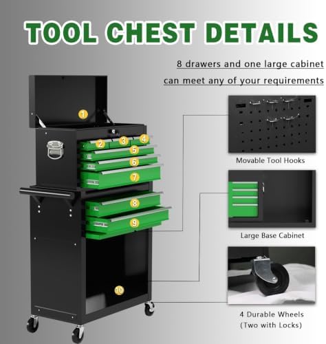 8-Drawer Rolling Tool Chest, High Capacity Removable Tool Storage Cabinet, Detachable Toolbox with Lock for Garage Workshop and Workshop (Blackgreen)