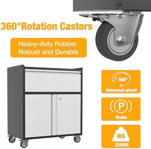 Metal Garage Tool Storage Cabinet with 1 Drawer, Large Space Industrial Metal Storage Cabinet with Wheels and Doors,Locking Small Utility Chest for Home, Office and Garage