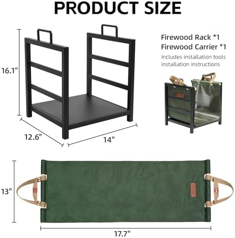 Firewood Rack Indoor Outdoor with Firewood Carrier, Fireplace Wood Log Holder Heavy Duty Metal, Indooor Firewood Holder for Fireplace Wood Storage, 16 inch, Green