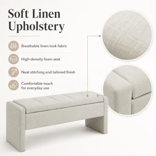 47.25 Inch Storage Ottoman Bench, Linen Upholstered, Light Grey