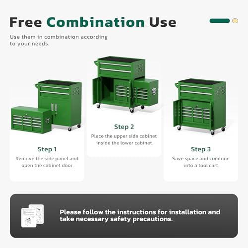 Greenvelly 8-Drawer Tool Chest with Wheels, Pre-Assembled Rolling Tool Chest, Detachable Top Tool Box, Lockable Design, Comes with Drawer Liners & Side Hooks for Garage Workshop Repair Room (Green)