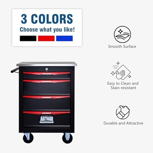 4-Drawer Rolling Tool Chest with Stainless Steel Countertop,Tool Chest with Secure Locking System,Mobile Storage Tool Cabinet with 360°Wheels and Padded Feet,for Home,Garage (Black+Red)