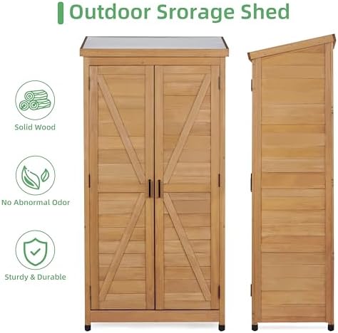 68'' Outdoor Storage Cabinet, Wooden Garden Tool Cabinet with Metal Top