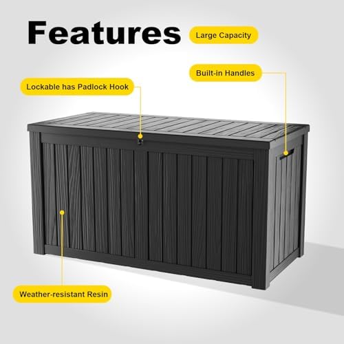 ROJIK 220 Gallon Waterproof Outdoor Deck Storage Box, UV Resistant， Lockable Resin Patio Storage Bin with Lid for Garden Tools, Patio Cushions & Outdoor Accessories(Black)
