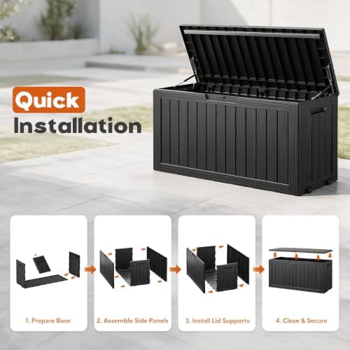 92 Gal Deck Box,Waterproof Resin Outdoor Storage Gas Lift,Lockable Black