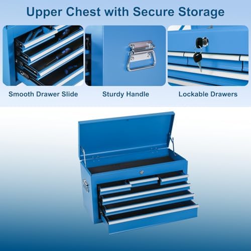 8-Drawer Rolling Tool Chest with Detachable Top Tool Box, Tool Cabinet with Universal Lockable Wheels, Mechanic Tool Organizer Storage Box for Garage Workshop Repair Shop Warehouse (Blue)